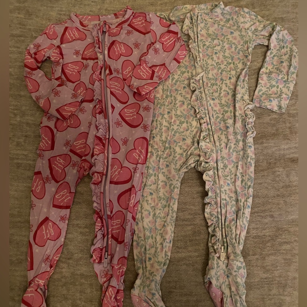 Posh Peanut - Pink Hearts and Turquoise Floral Prints - (2) Baby One Pieces